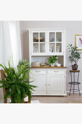 Provence stílusú üveg vitrines tálalószekrény fehér fa bútor